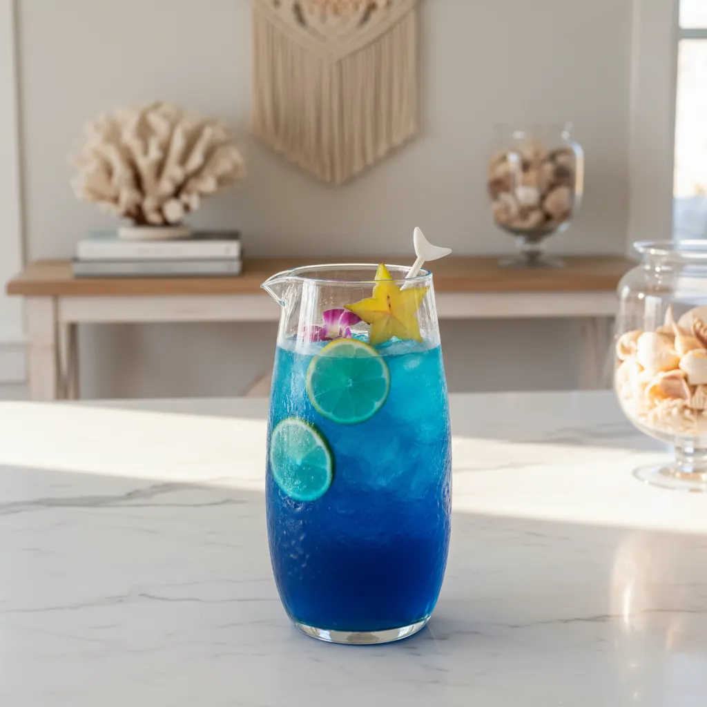 Elegant glass pitcher filled with blue coconut rum shark attack punch on a marble island