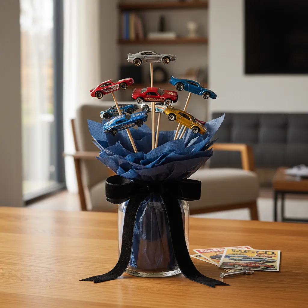 A sophisticated DIY Hot Wheels Bouquet featuring metallic die-cast cars and velvet ribbons arranged on a wooden workspace.