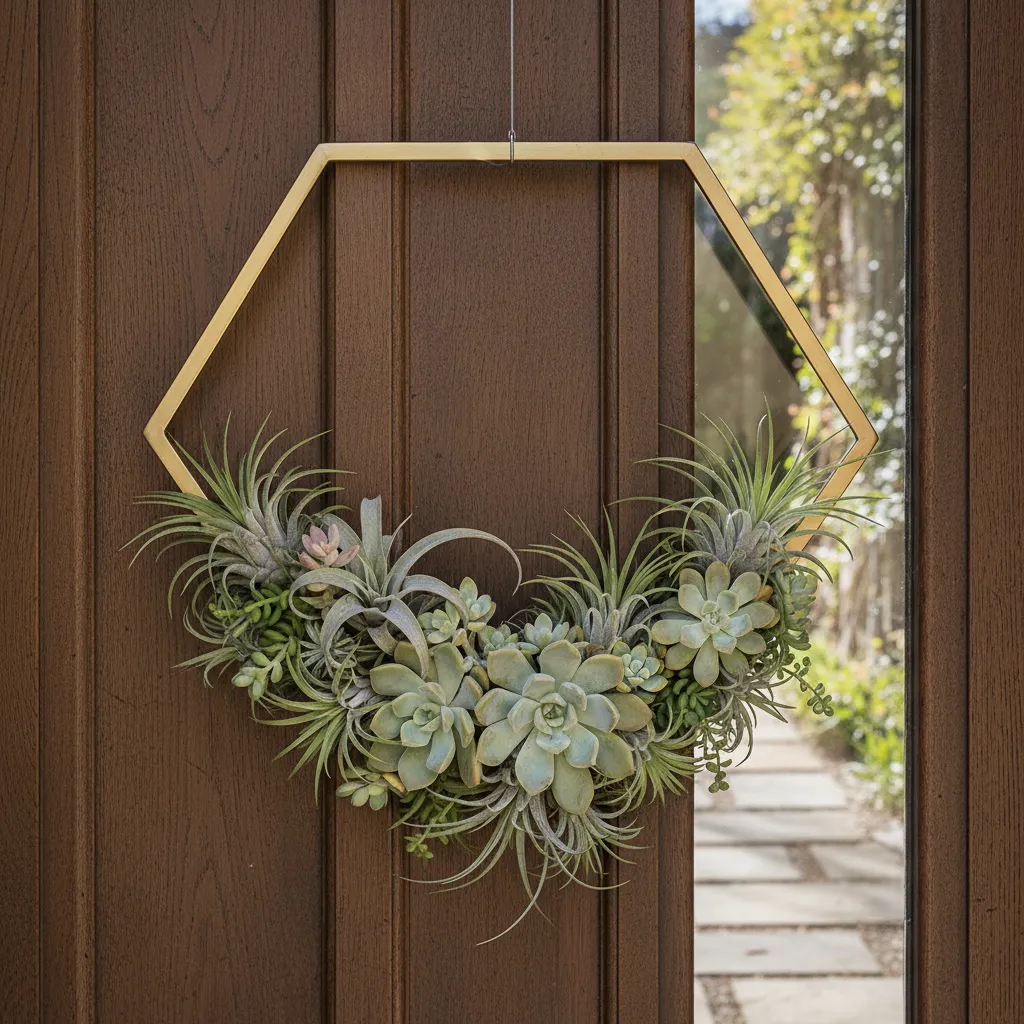 Hexagon shaped brass metal wreath with succulents for spring door decor