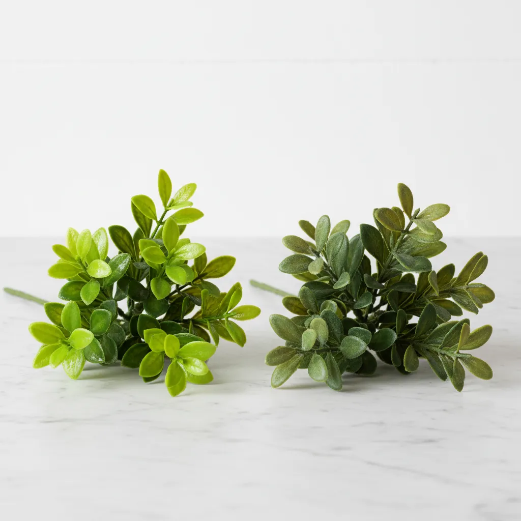 Comparison of realistic matte faux boxwood leaves against shiny cheap plastic leaves