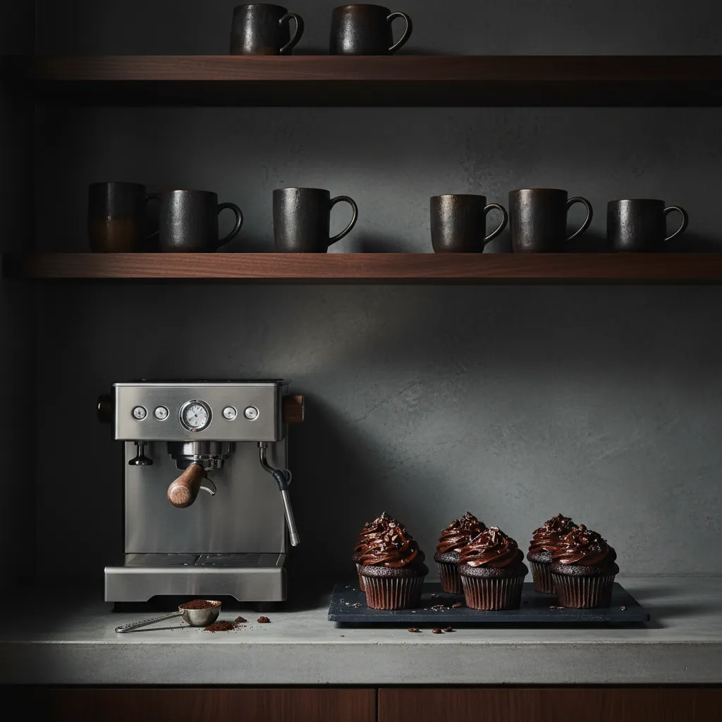 Modern espresso machine next to a tray of dark chocolate birthday cupcakes
