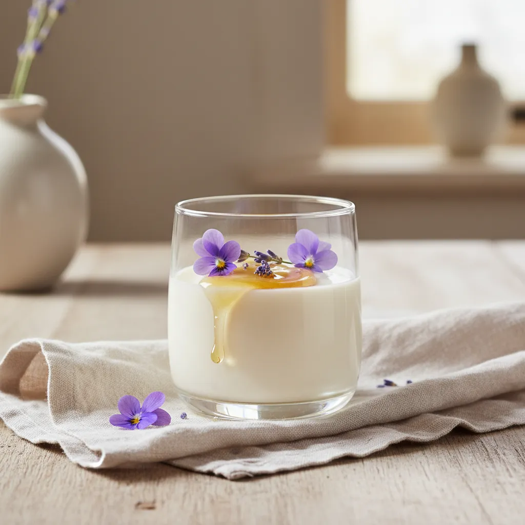 Glass tumbler with lavender panna cotta and edible violas on linen