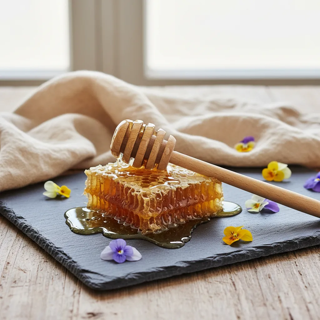 Honey dipper resting on honeycomb block with honey dripping onto slate