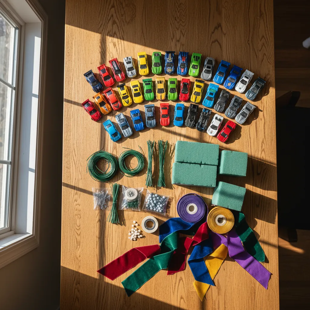 Organized craft table with toy cars and floral supplies for building a bouquet