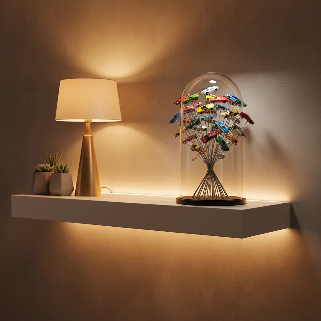 Toy car bouquet on a shelf with warm ambient lighting