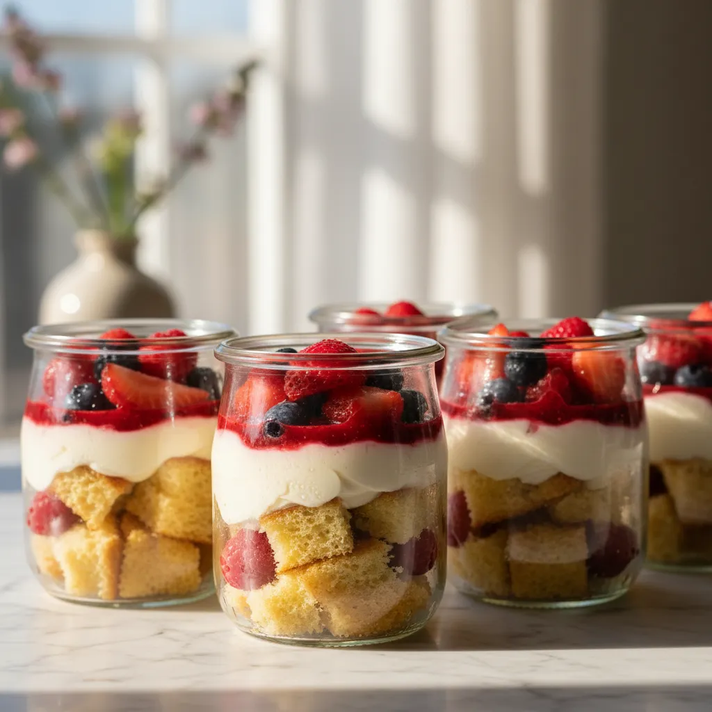 Glass jars filled with layered trifle dessert featuring berries and cream in natural light