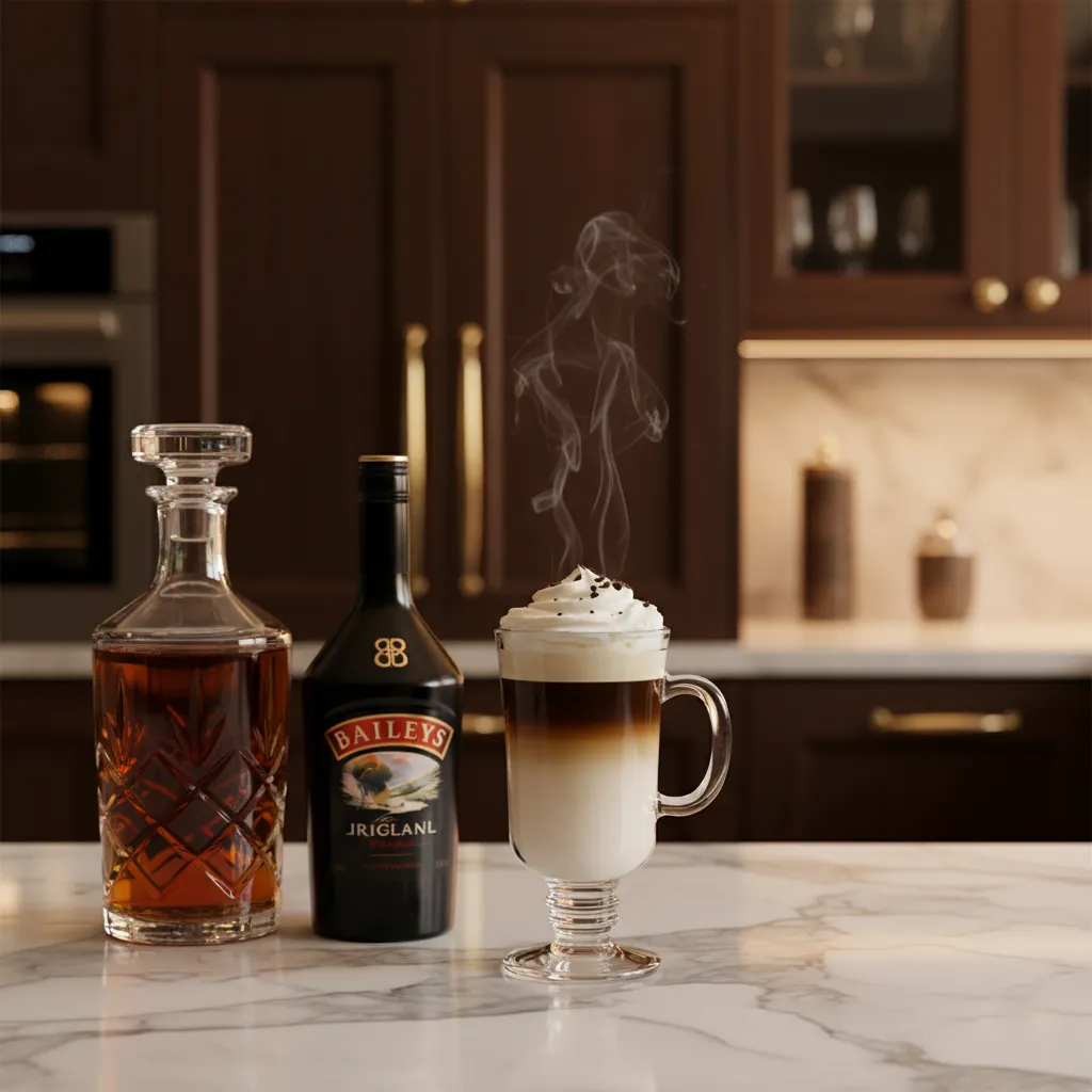 A layered Irish coffee with Baileys and whiskey in a clear glass mug on a marble counter with professional bar tools.