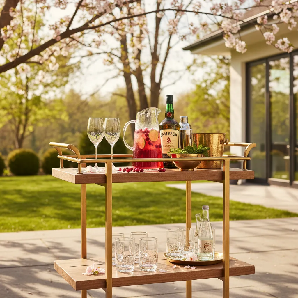 Elegant spring bar cart styling for Jameson whiskey drinks cocktail recipes