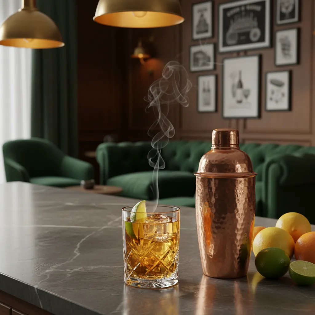 A stylish home bar setup featuring a crystal glass with an amber whiskey cocktail fresh lime and a copper shaker on a dark marble counter under warm ambient lighting