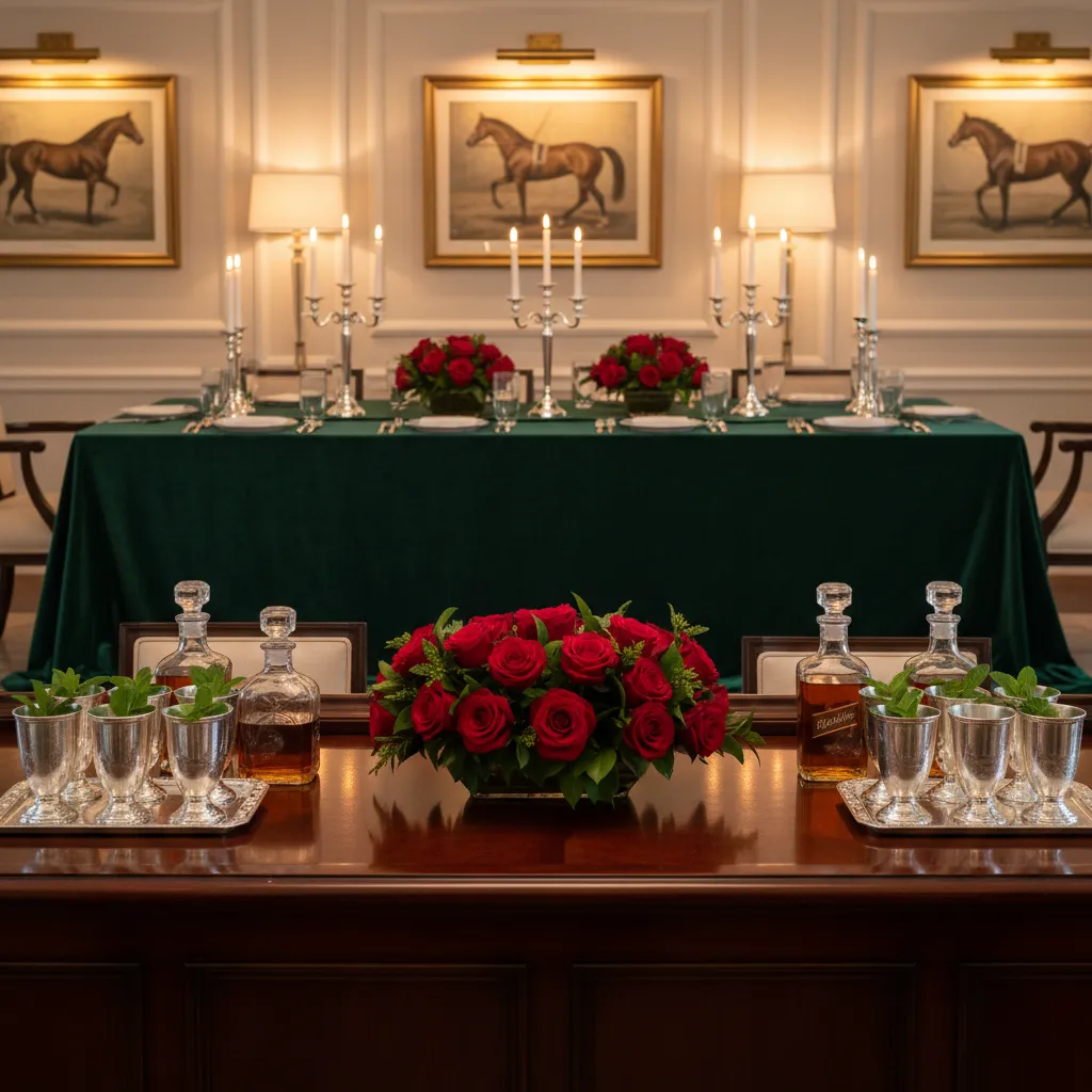 Elegant Kentucky Derby party setup with a bourbon bar, silver mint julep cups, and red rose centerpieces.