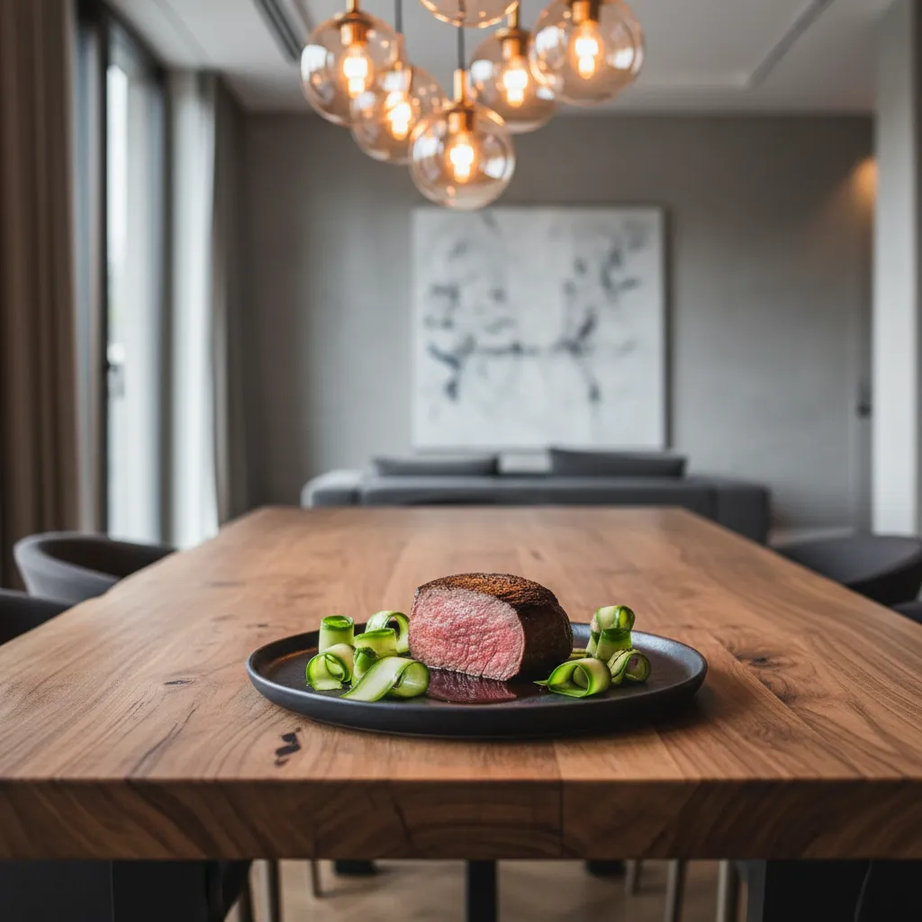 Elegant keto beef tenderloin dinner served with fresh asparagus ribbons on a slate plate