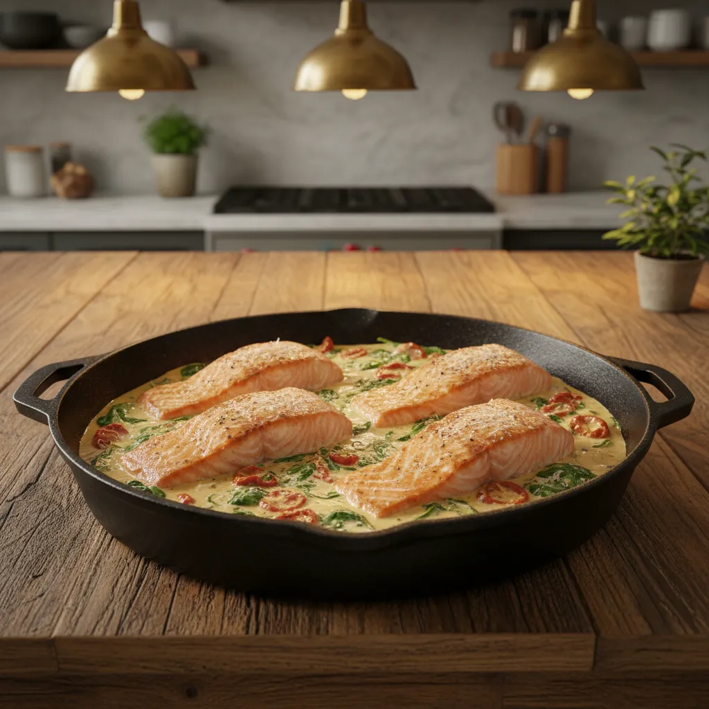 Cast iron skillet with creamy keto Tuscan salmon on a wooden kitchen counter