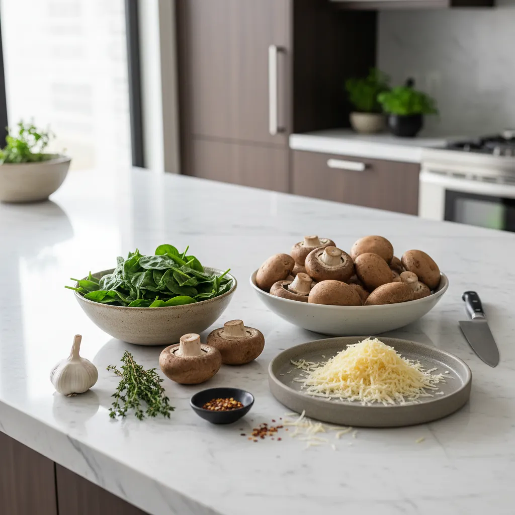 Fresh ingredients for keto stuffed mushrooms organized on a sleek marble kitchen island