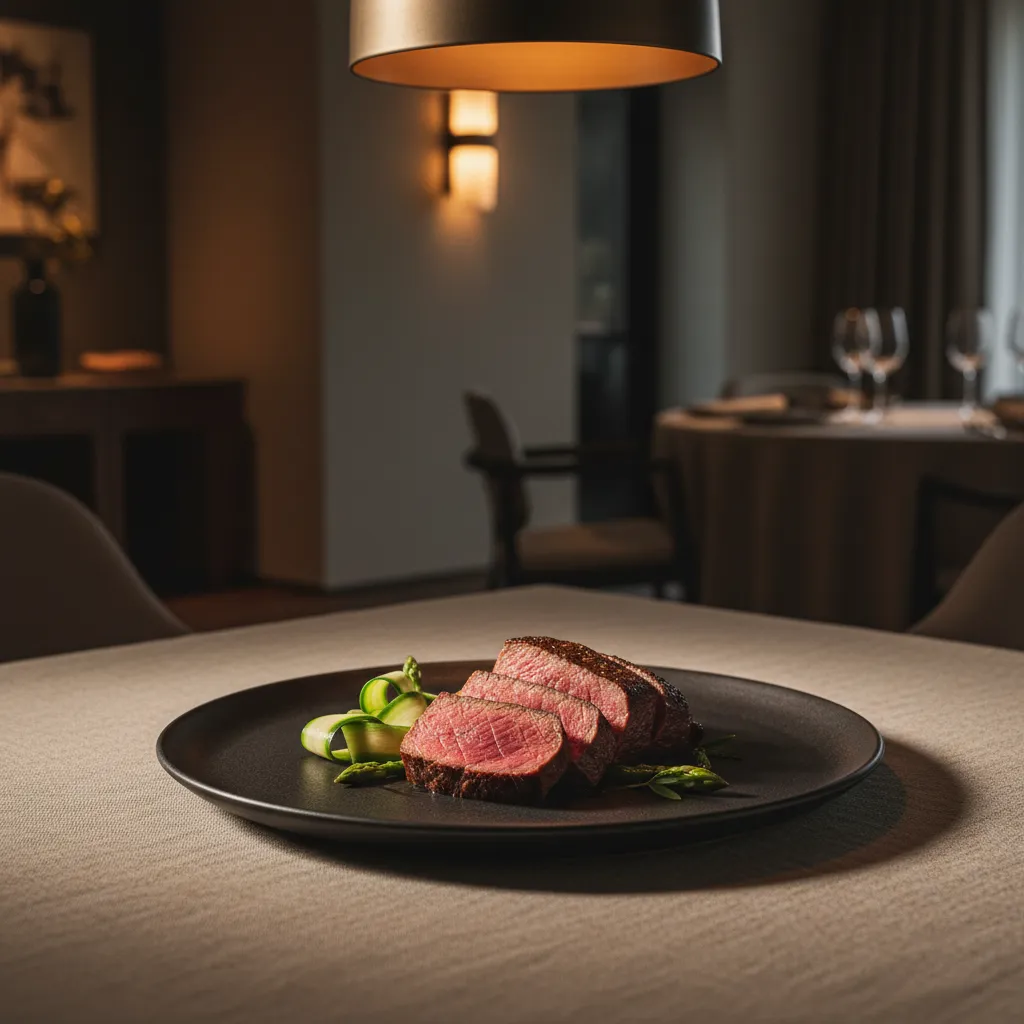 Detailed view of keto beef tenderloin plated with asparagus ribbons on dark ceramicware