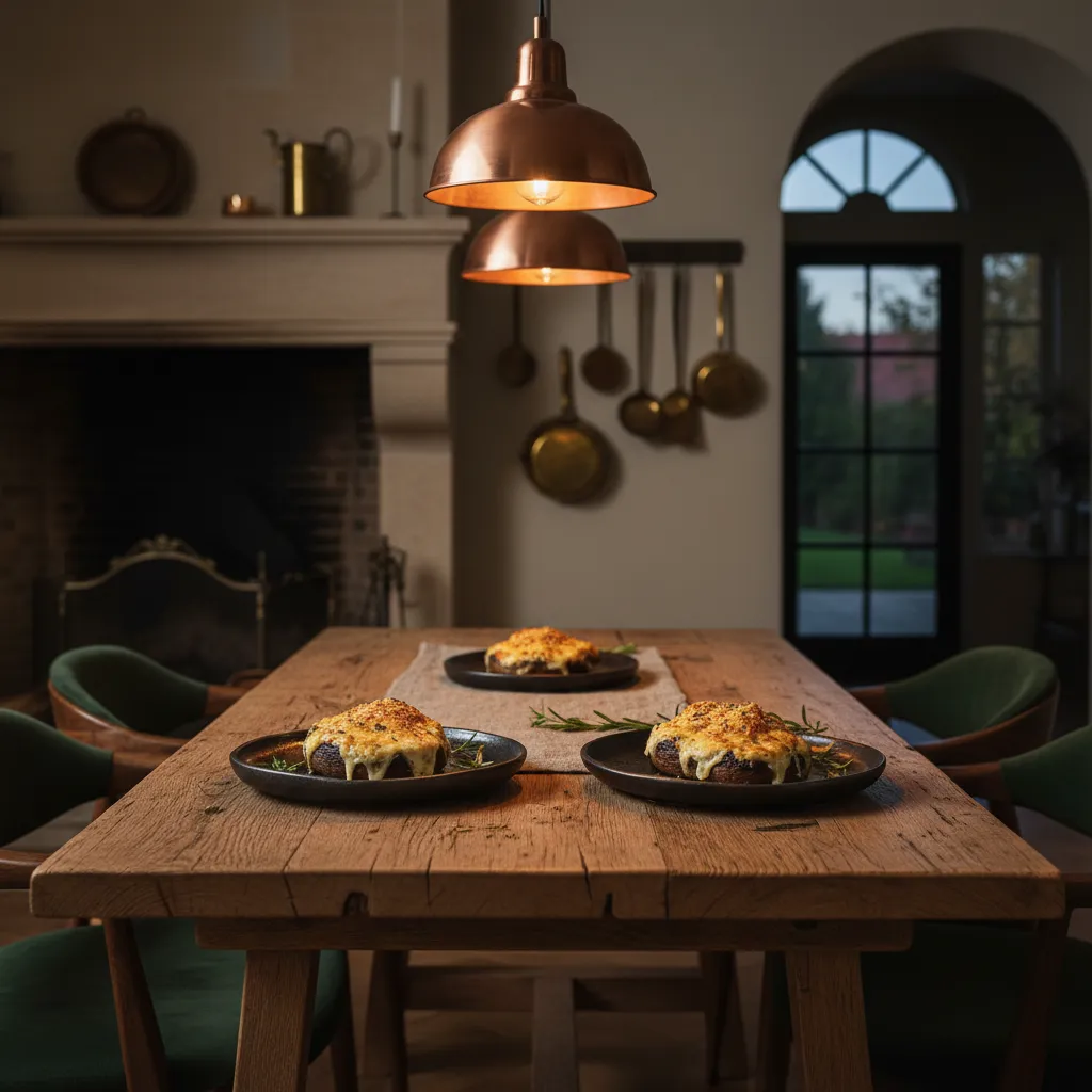 Warm ambient lighting over a raw wood dining table setting with keto stuffed portobello mushrooms