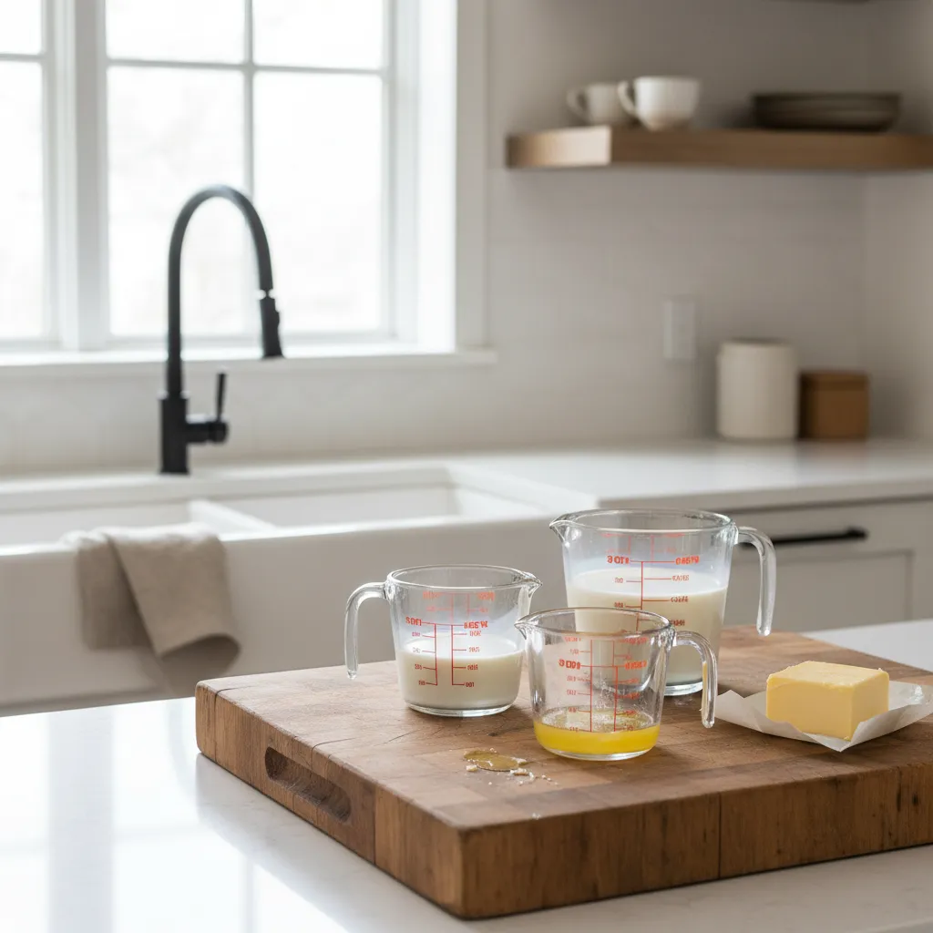 Organized kitchen counter prepared for cake mixing