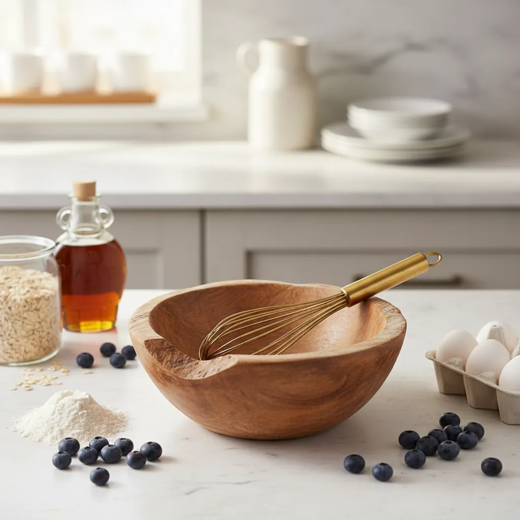 White marble countertop featuring a wood mixing bowl and brass whisk