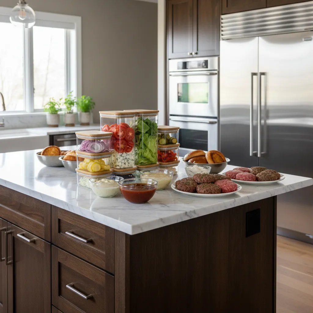 Modern kitchen island displaying prepped ingredients in glass containers
