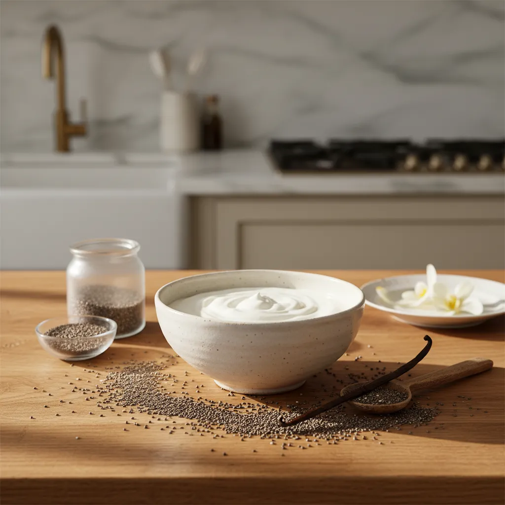 Greek yogurt and chia seeds arranged on a wooden kitchen prep station