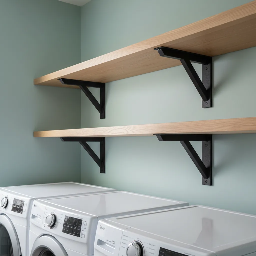 Close-up of sturdy floating shelf brackets in a modern laundry room design.