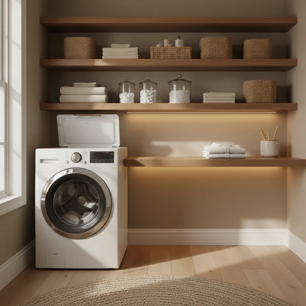 Efficient laundry room layout with top-loading washer, floating wood shelves, and a butcher block folding counter.