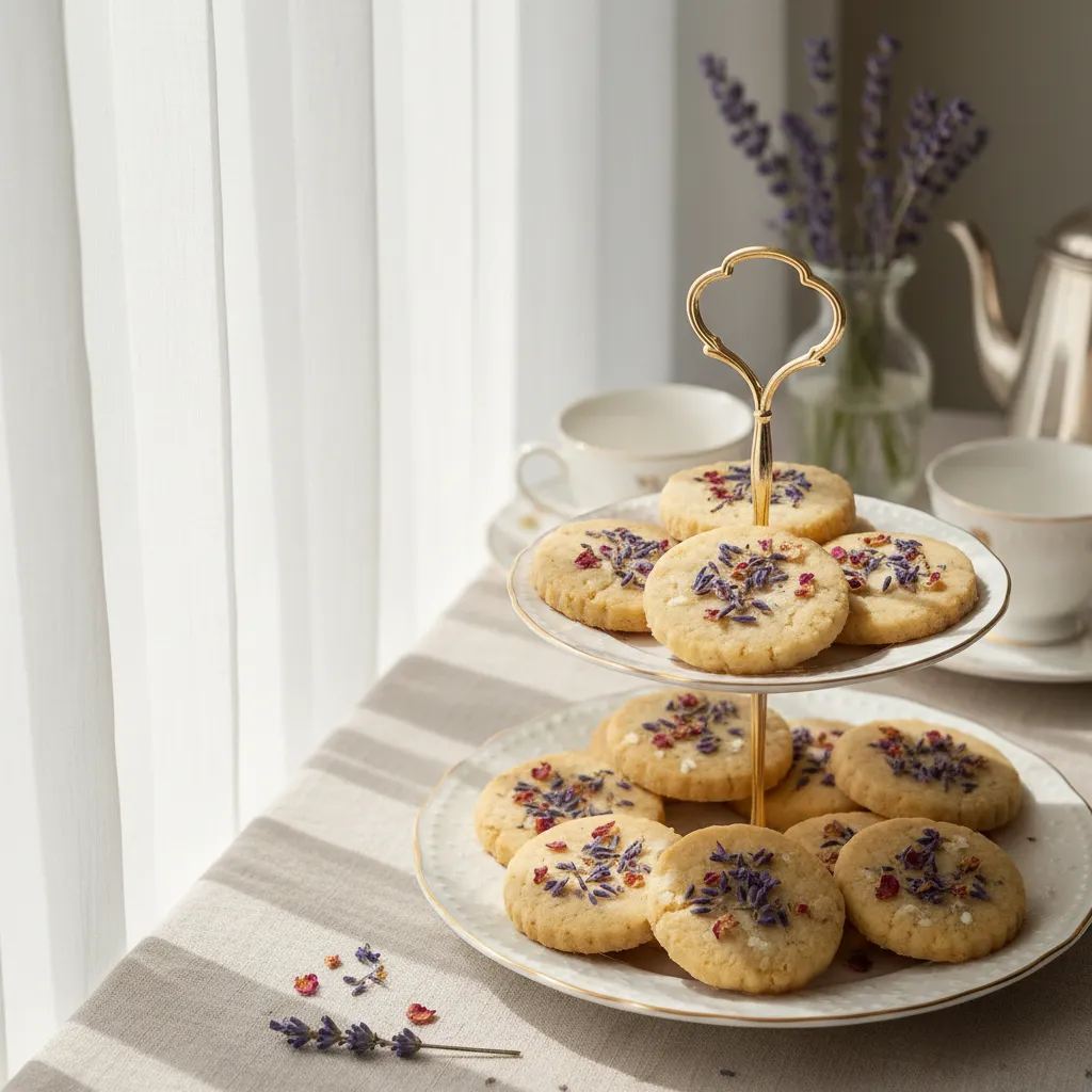 Lavender shortbread cookies decorated with edible flowers on a ceramic stand