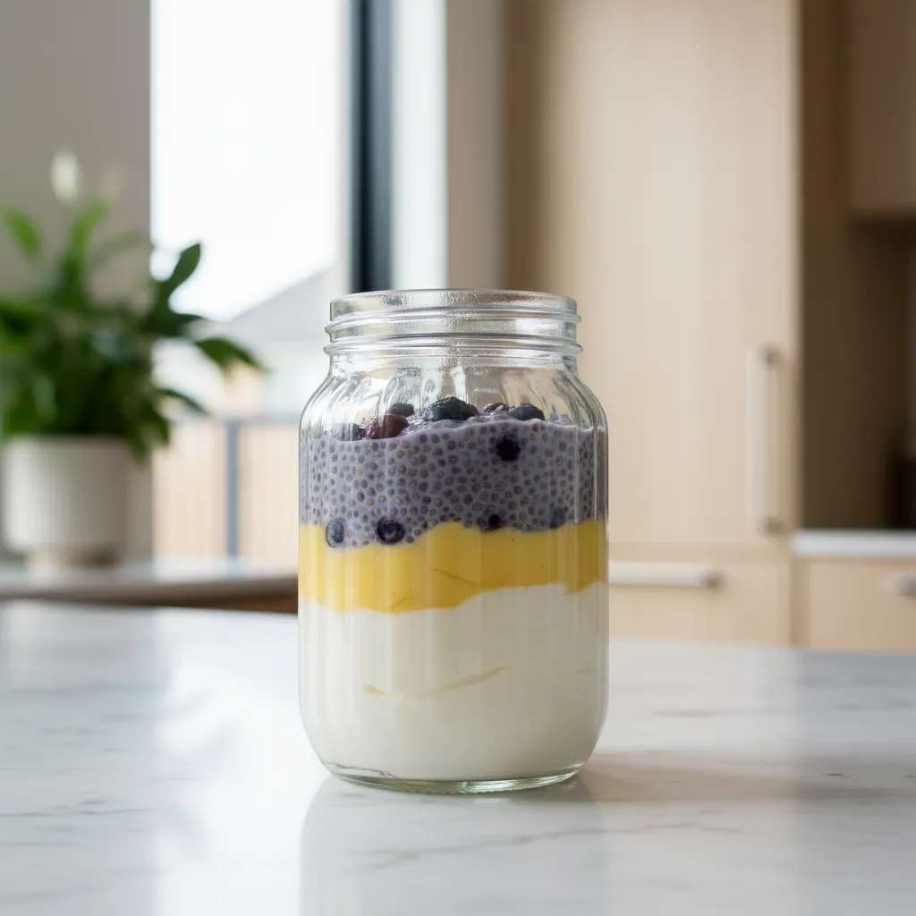 Layered lemon curd and blueberry chia pudding on a white marble countertop