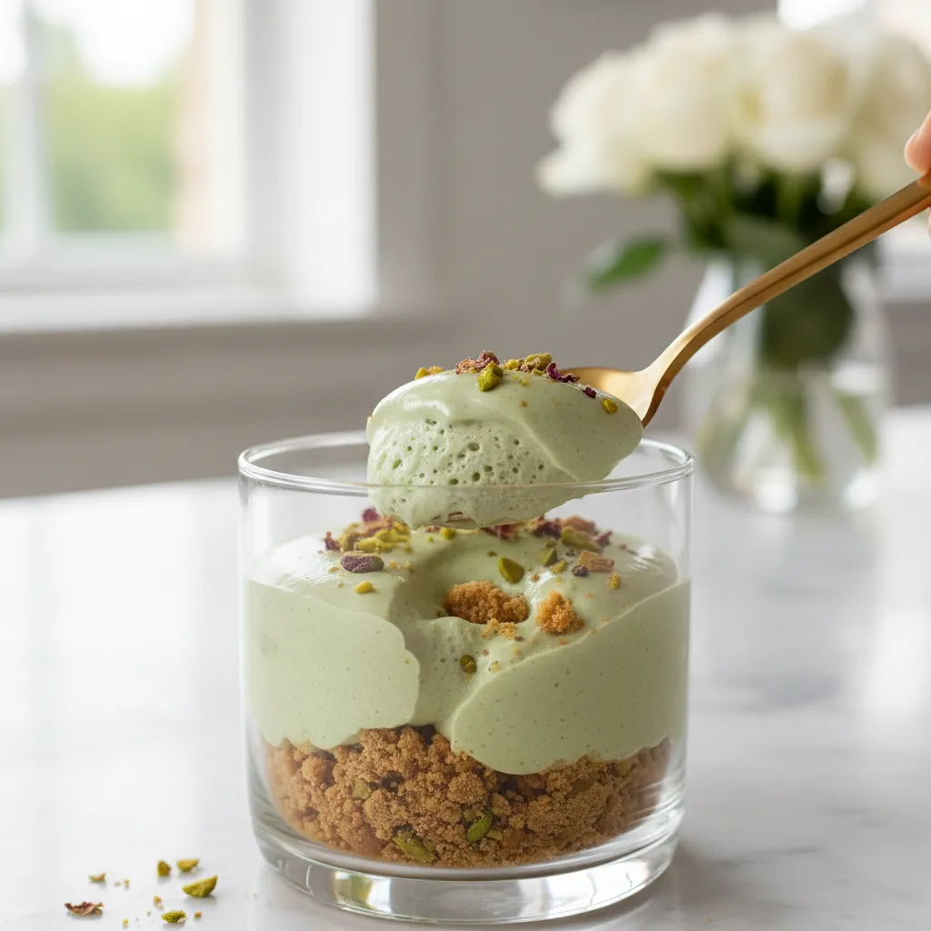 Close up of spoon in pistachio mousse showing creamy texture and crunchy base