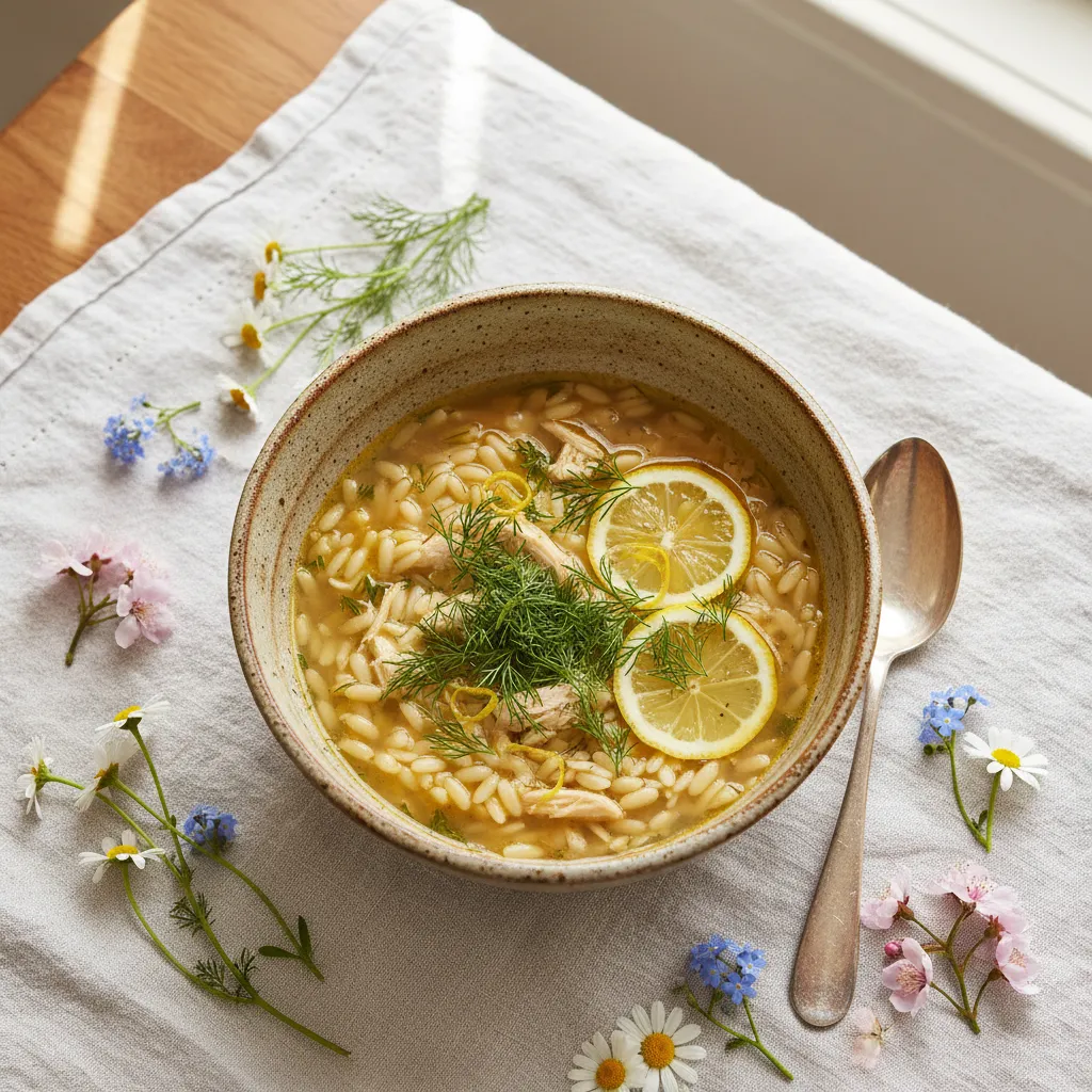Golden chicken orzo soup in a ceramic bowl with fresh dill and lemon slices on a linen tablecloth