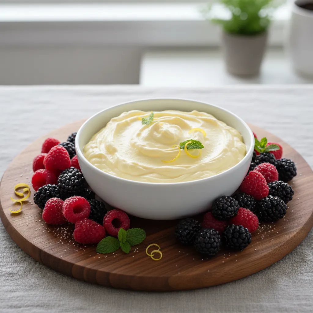 Whipped lemon dip in a white bowl surrounded by fresh berries on a wood board