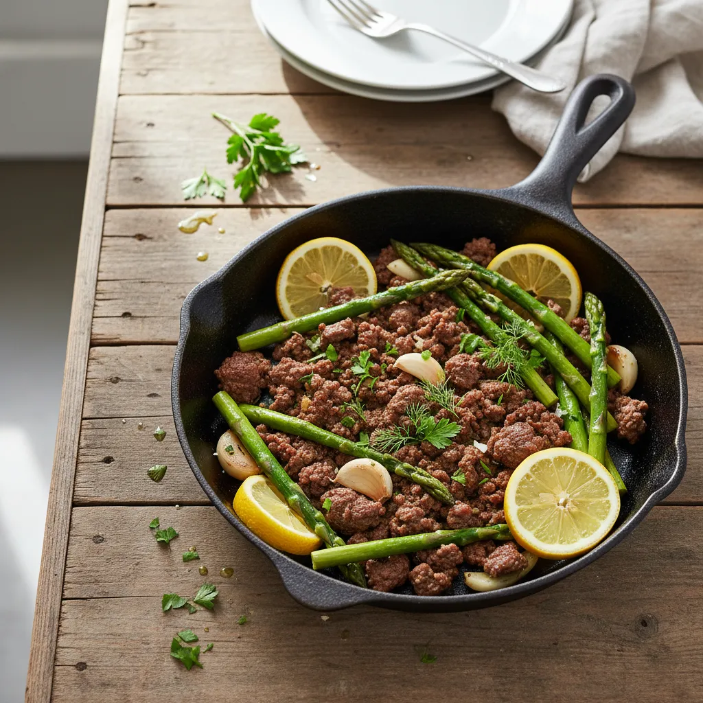 Cast iron skillet serving lemon garlic ground beef and asparagus on a wooden table