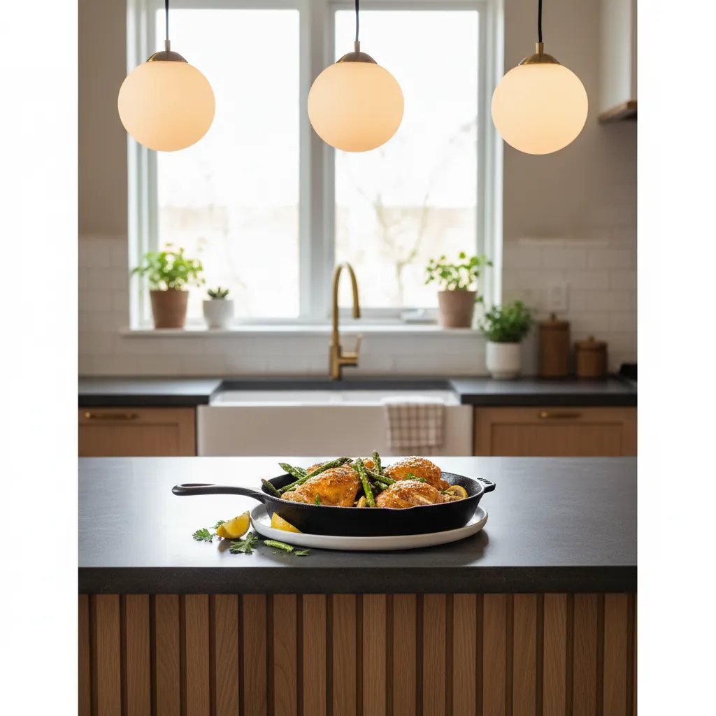 One skillet lemon garlic chicken and asparagus meal on a kitchen island