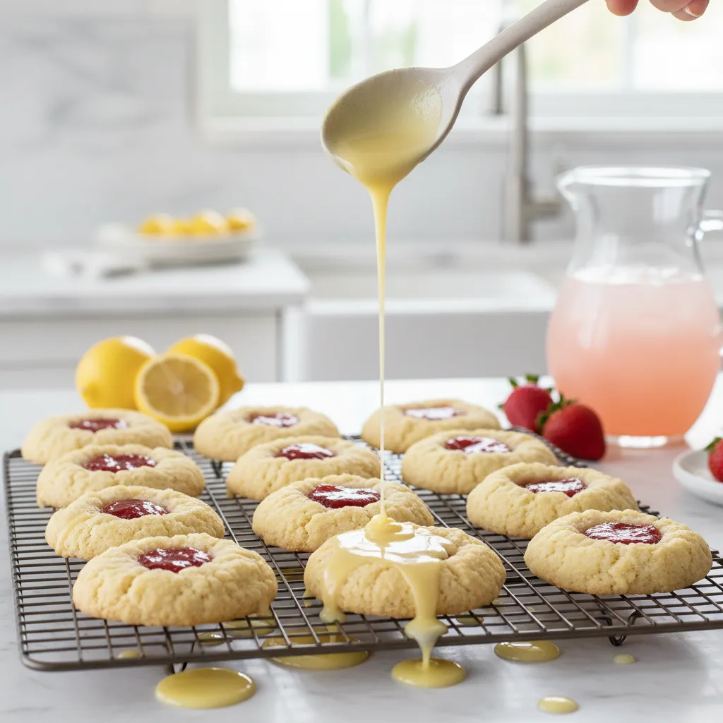 Applying lemon glaze to strawberry thumbprint cookies for a glossy finish