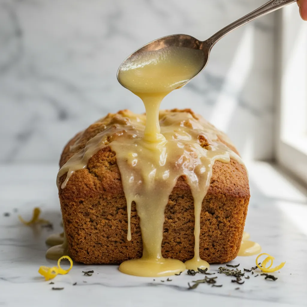 Thick lemon glaze being poured over earl grey tea loaf close up
