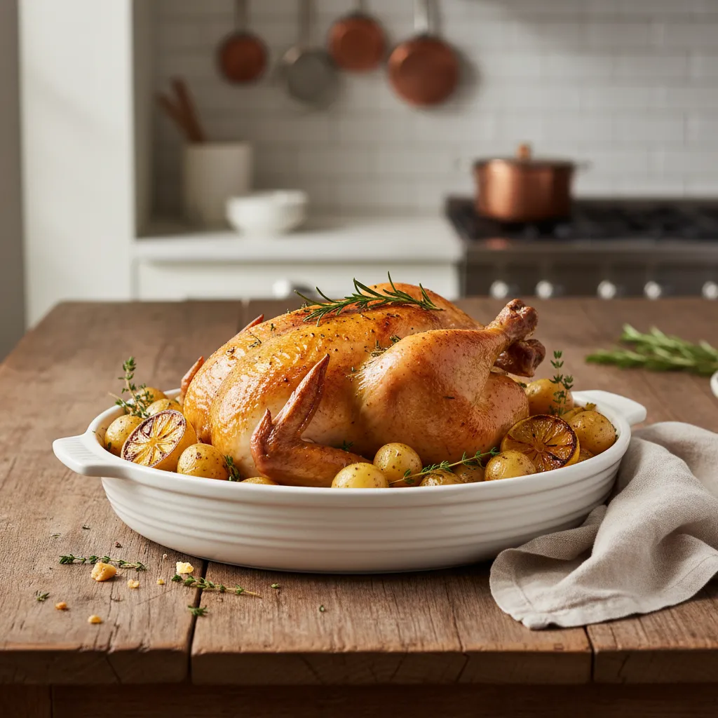 Roasted lemon herb chicken in ceramic dish on rustic table