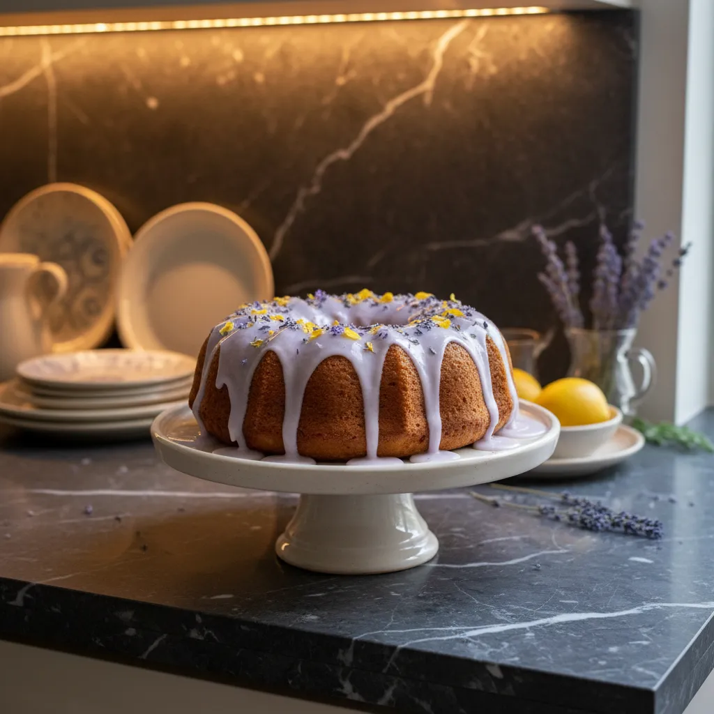 Lemon lavender bundt cake on marble counter with edible blossoms