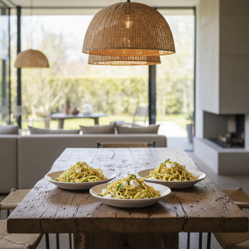 A beautiful wooden dining table set with lemon ricotta linguine under warm ambient lighting