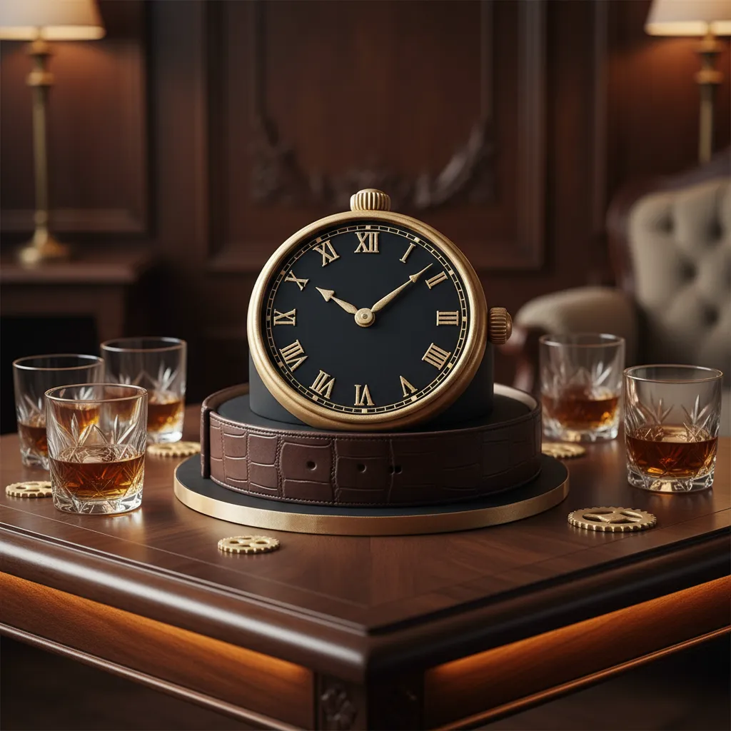 Elegant watch face retirement cake on a walnut table with warm lighting