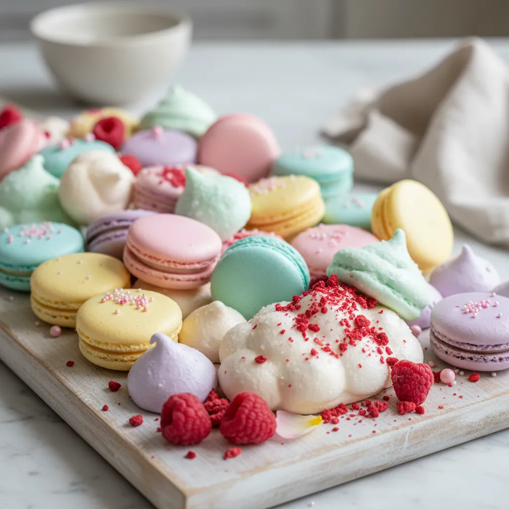 Close up of pastel macarons and freeze dried fruit showing texture contrast