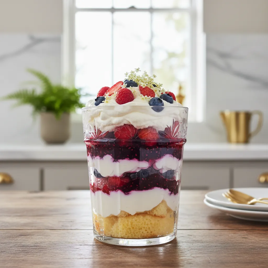 Close up detail of sponge cake and cream layers in a glass dessert jar