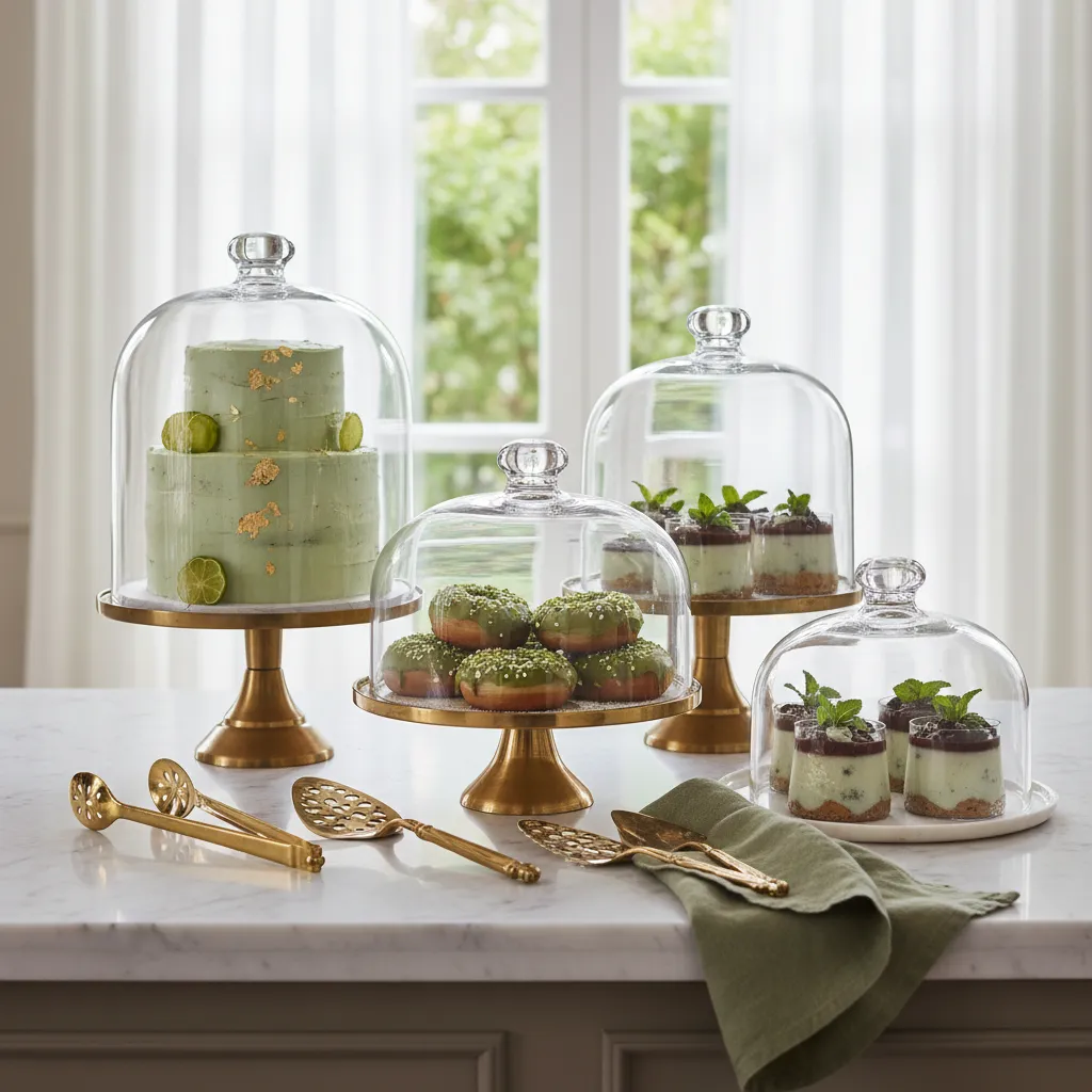 Glass cloches on marble counter for allergy friendly desserts