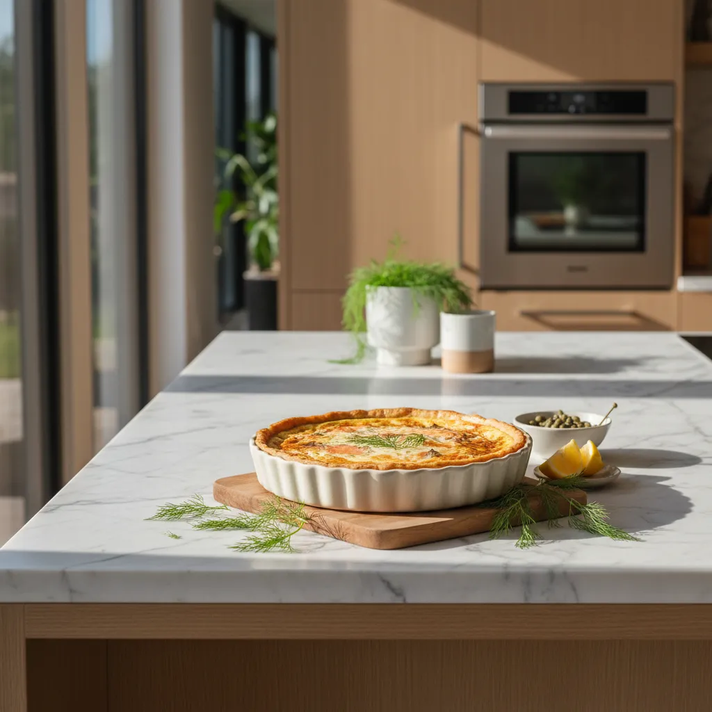 Preparing a quiche crust on a luxury marble kitchen island