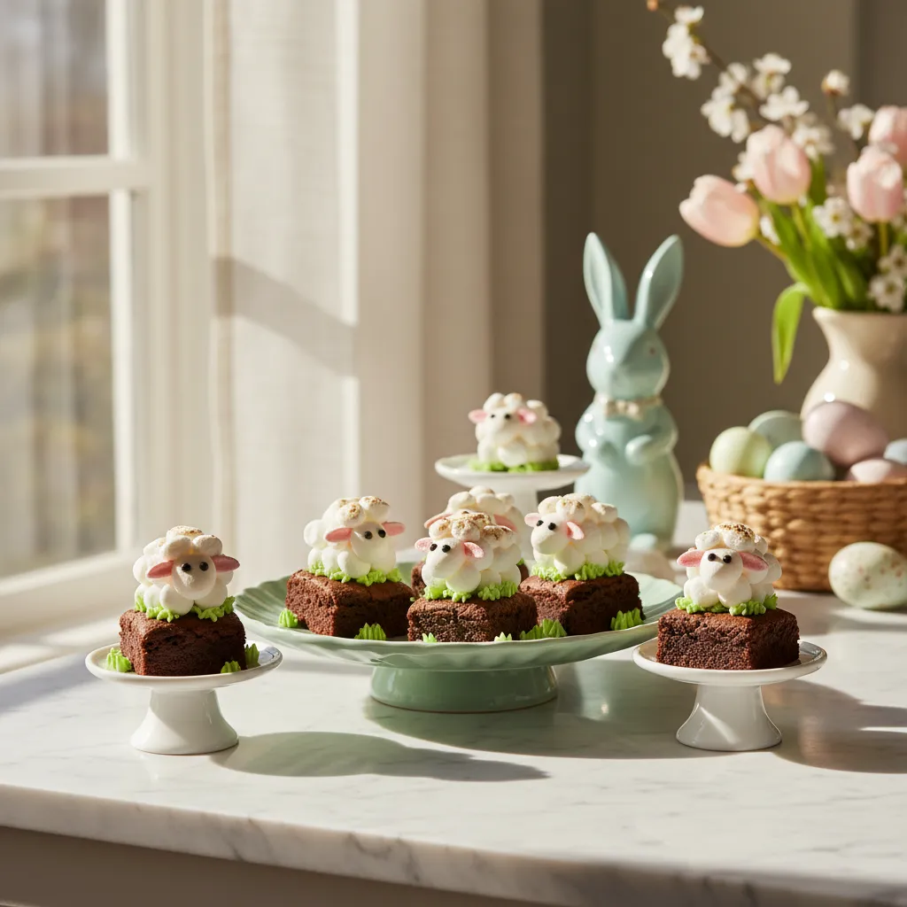 Fluffy marshmallow sheep desserts arranged on a modern marble kitchen counter