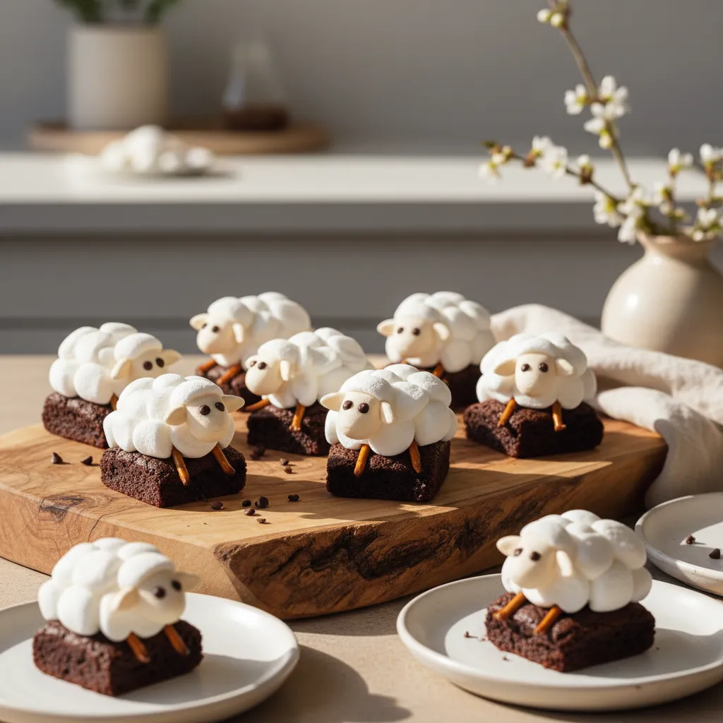 Fluffy marshmallow sheep desserts on a raw wood serving platter