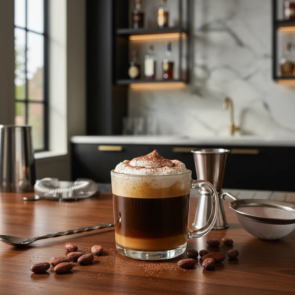 Layered Irish coffee on a home bar with silver tools