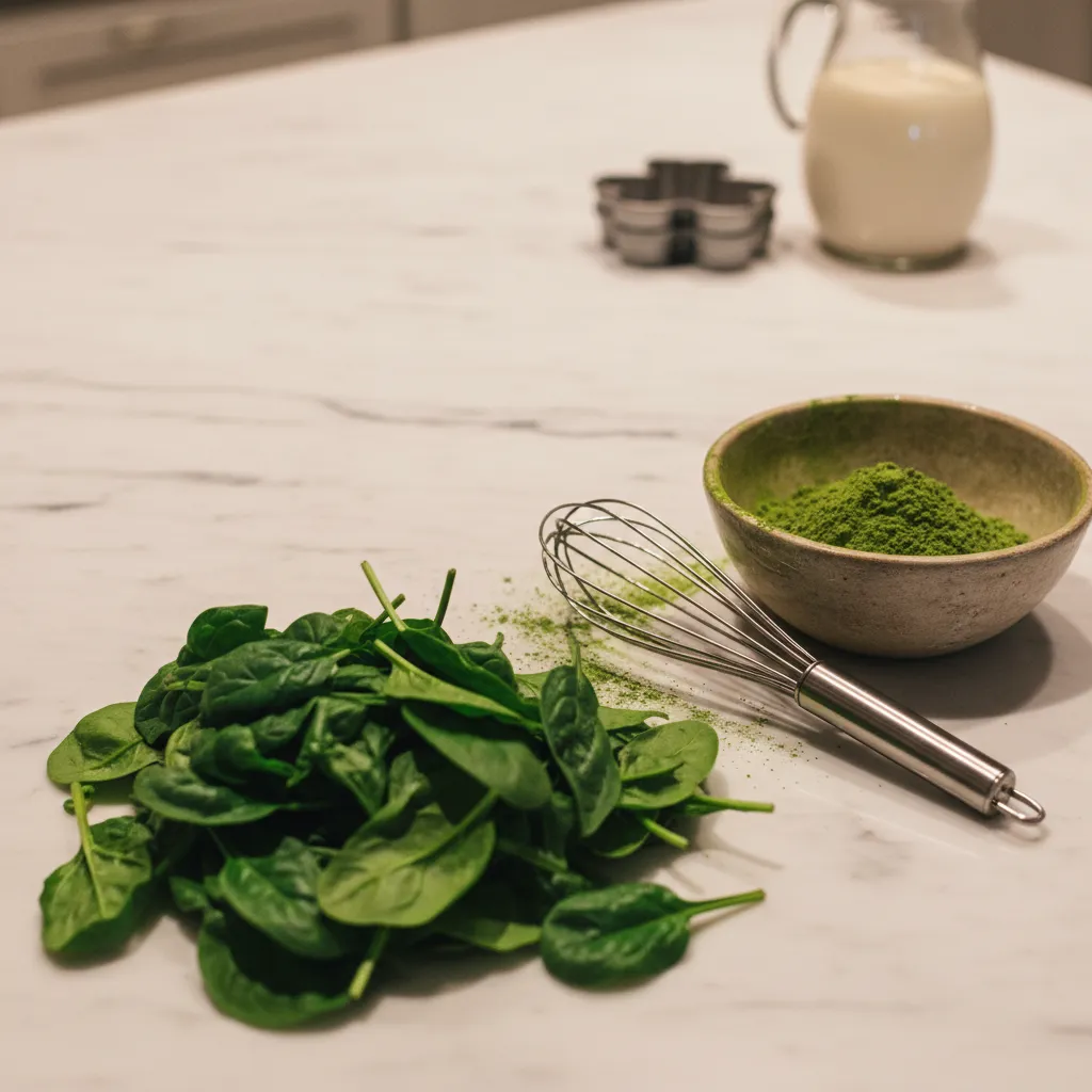 Fresh spinach and matcha powder in a clay bowl on a marble kitchen counter