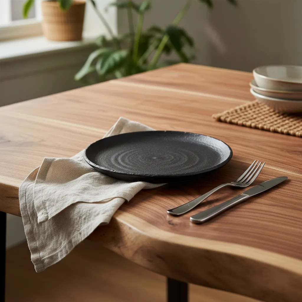 Rustic matte black dining plate with linen napkin on walnut table