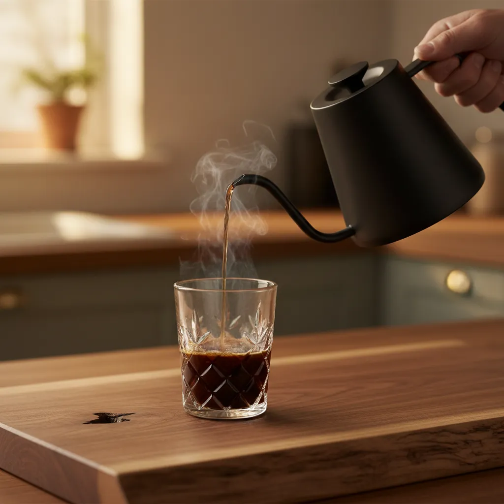 A temperature-controlled gooseneck kettle on a walnut countertop