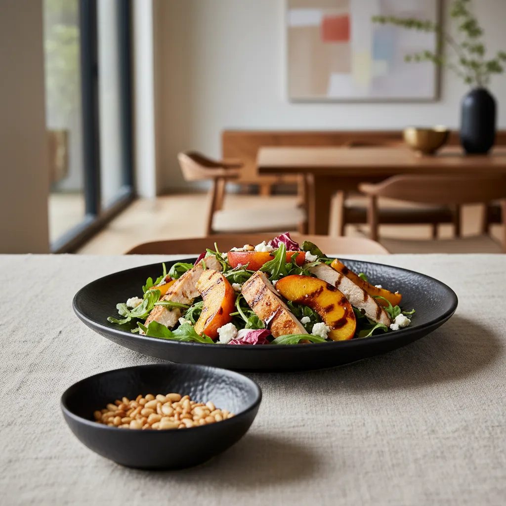 Matte black ceramic plates arranged on a neutral linen table runner