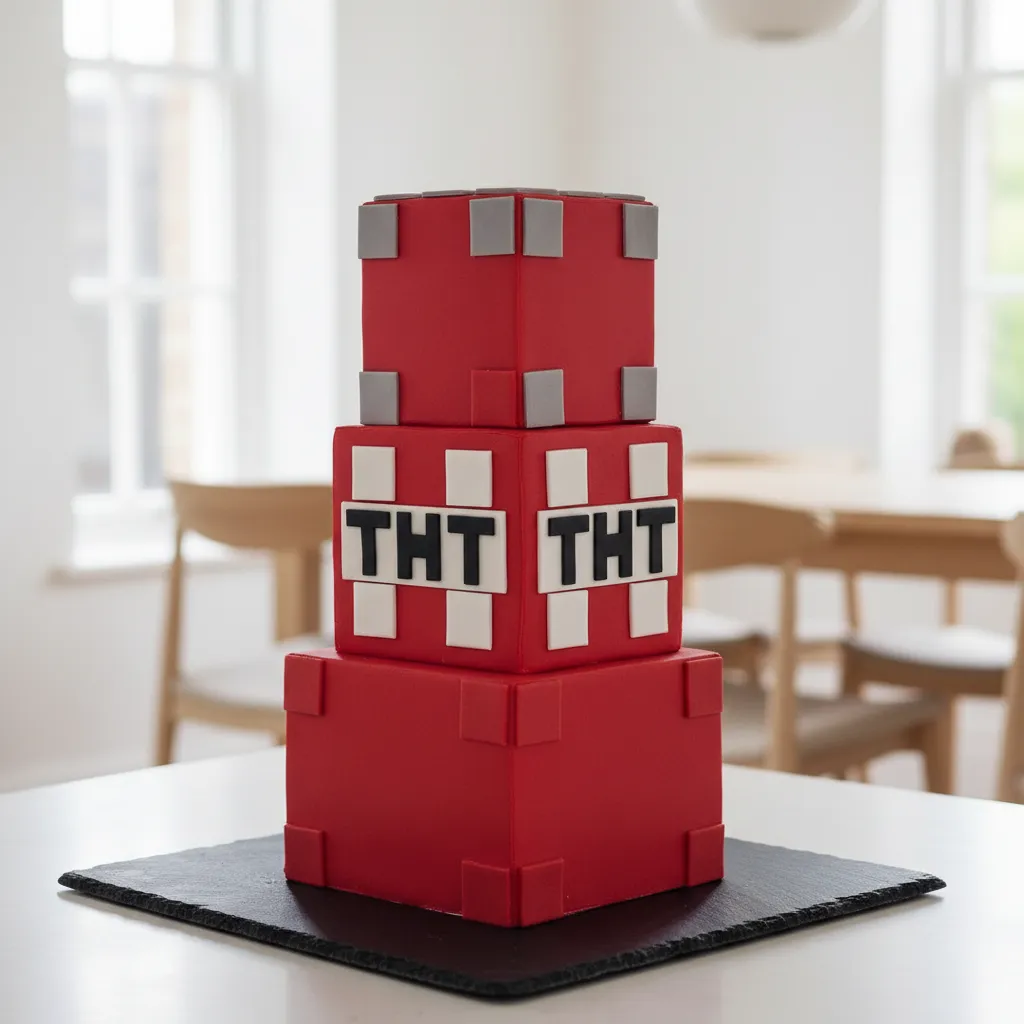 Flawless square cake covered in matte red fondant on a slate board